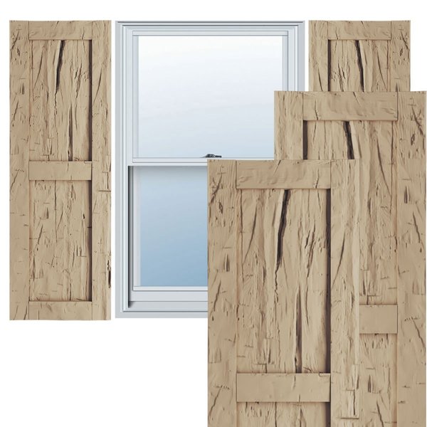 Ekena Millwork Rustic Two Equal Panel Flat Panel Hand Hewn Faux Wood Shutters (Per Pair), Primed Tan, 18"W x 84"H SHUFP18X84HHPR